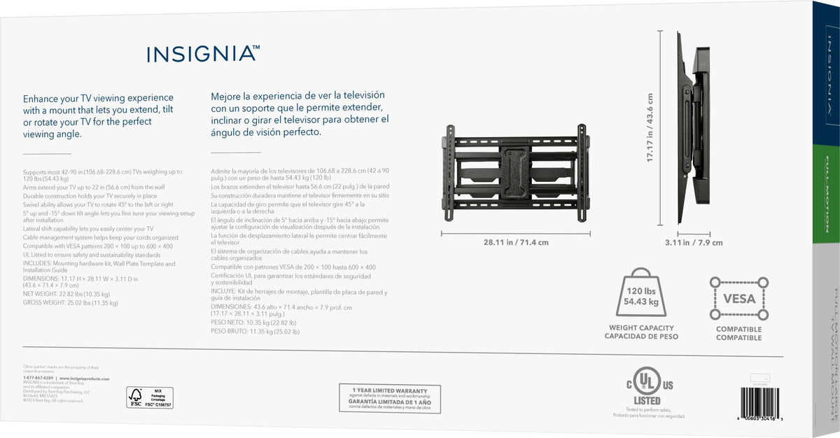 Insignia™ - Full-Motion TV Wall Mount for Most 42"–90" TVs — Extends 22" - Black