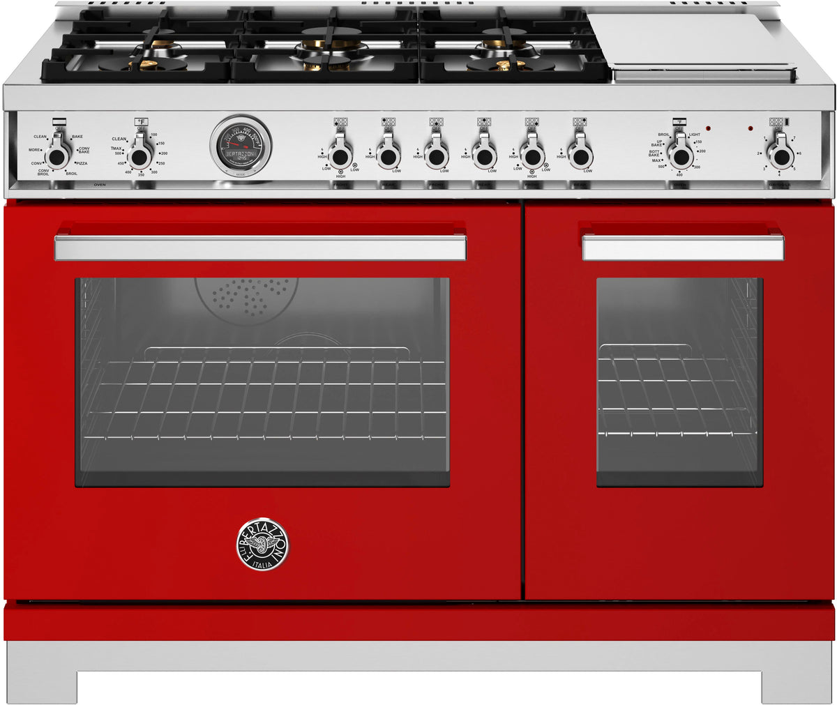 Bertazzoni - 48" Professional Series range - Electric self clean oven - 6 brass burners + griddle - Red