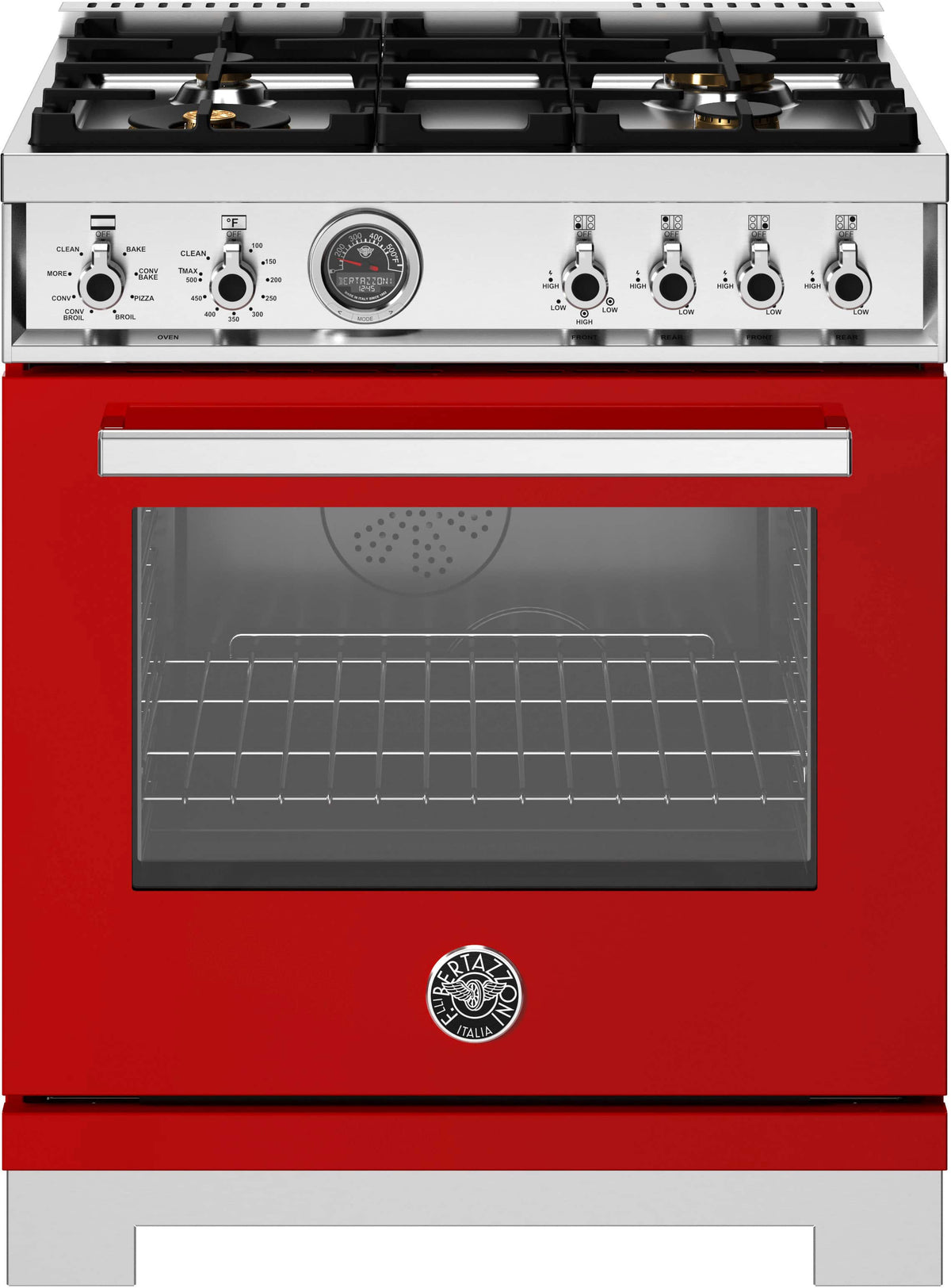Bertazzoni - 30" Professional Series range - Electric self clean oven - 4 brass burners - Red