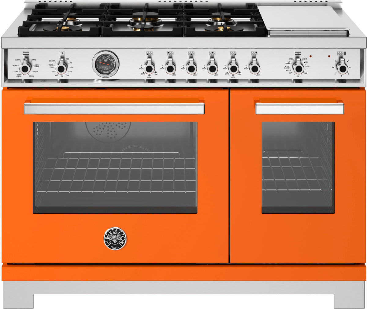 Bertazzoni - 48" Professional Series range - Electric self clean oven - 6 brass burners + griddle - Orange