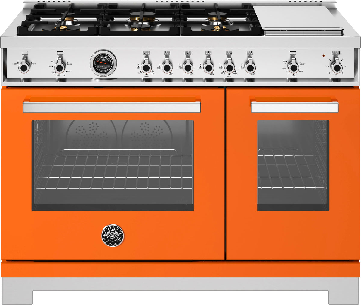 Bertazzoni - 48" Professional Series range - Gas Oven - 6 brass burners + griddle - Orange