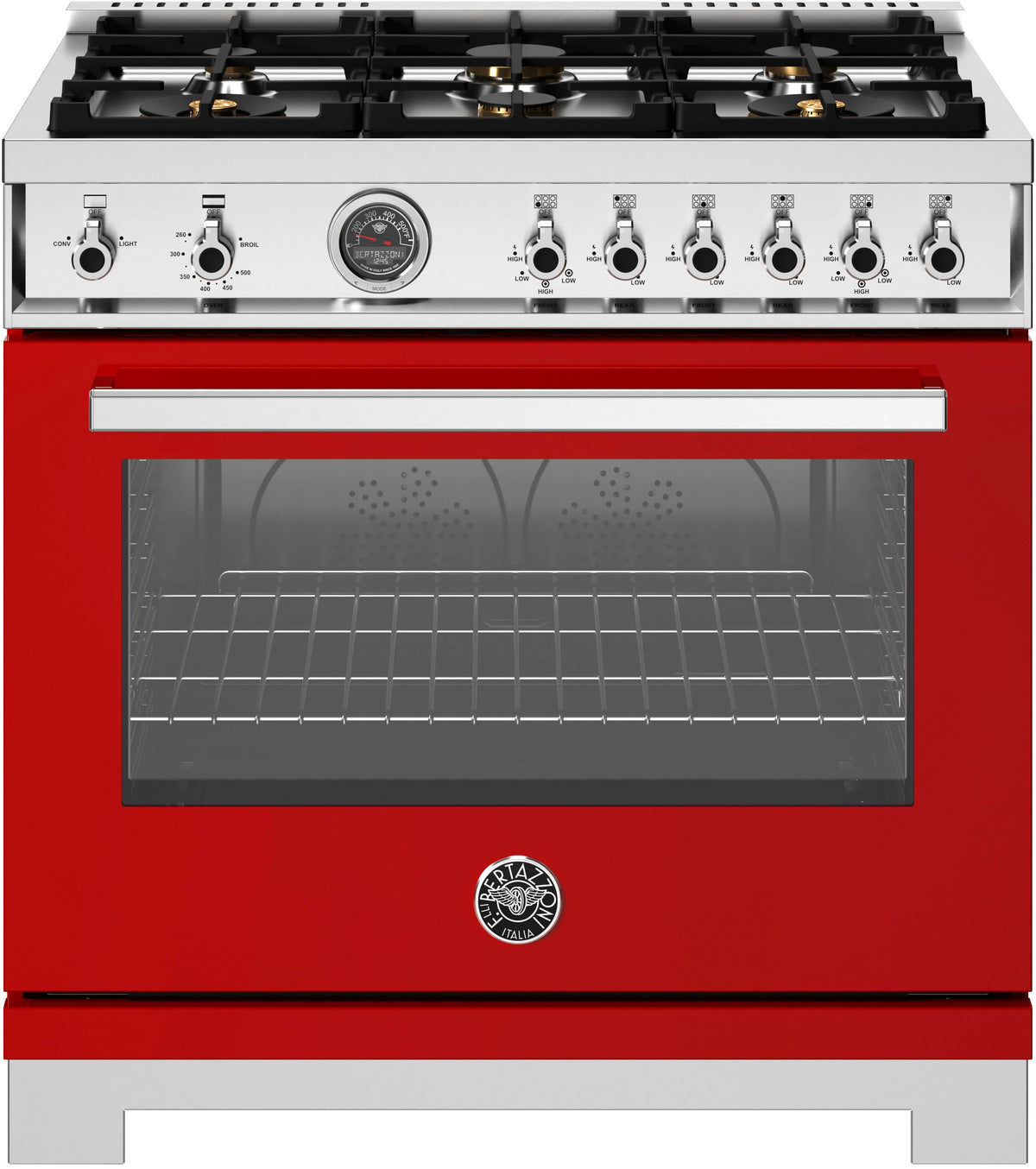 Bertazzoni - 36" Professional Series range - Gas oven - 6 brass burners - Red