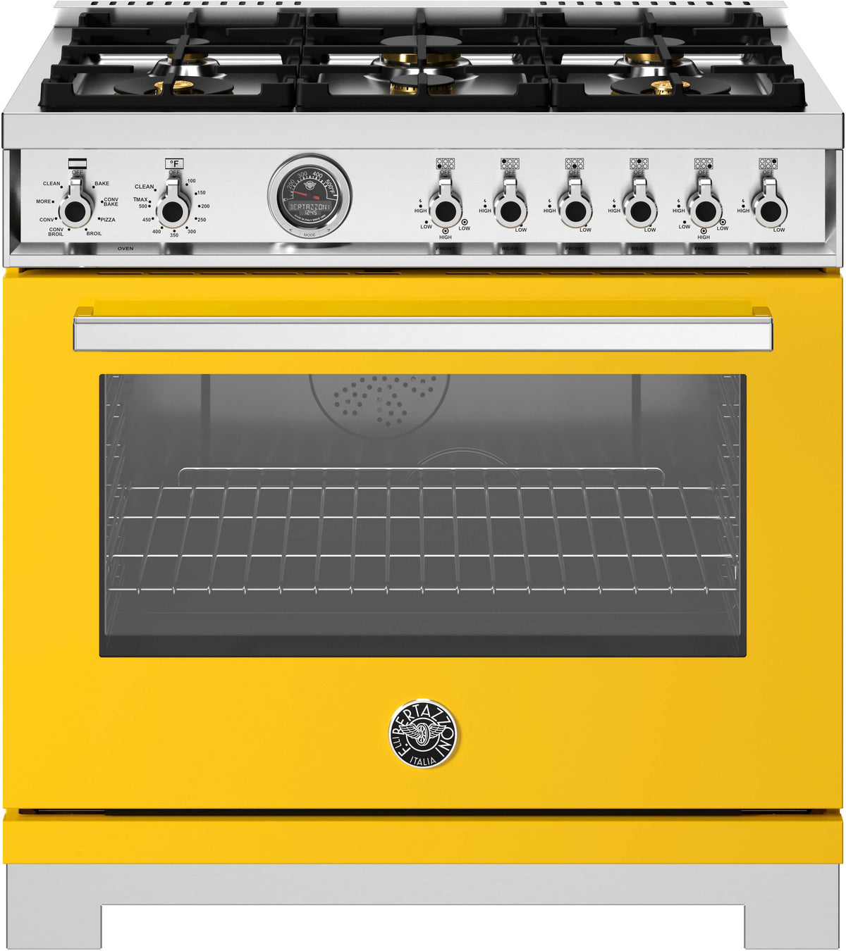 Bertazzoni - 36" Professional Series range - Electric self clean oven - 6 brass burners - Yellow
