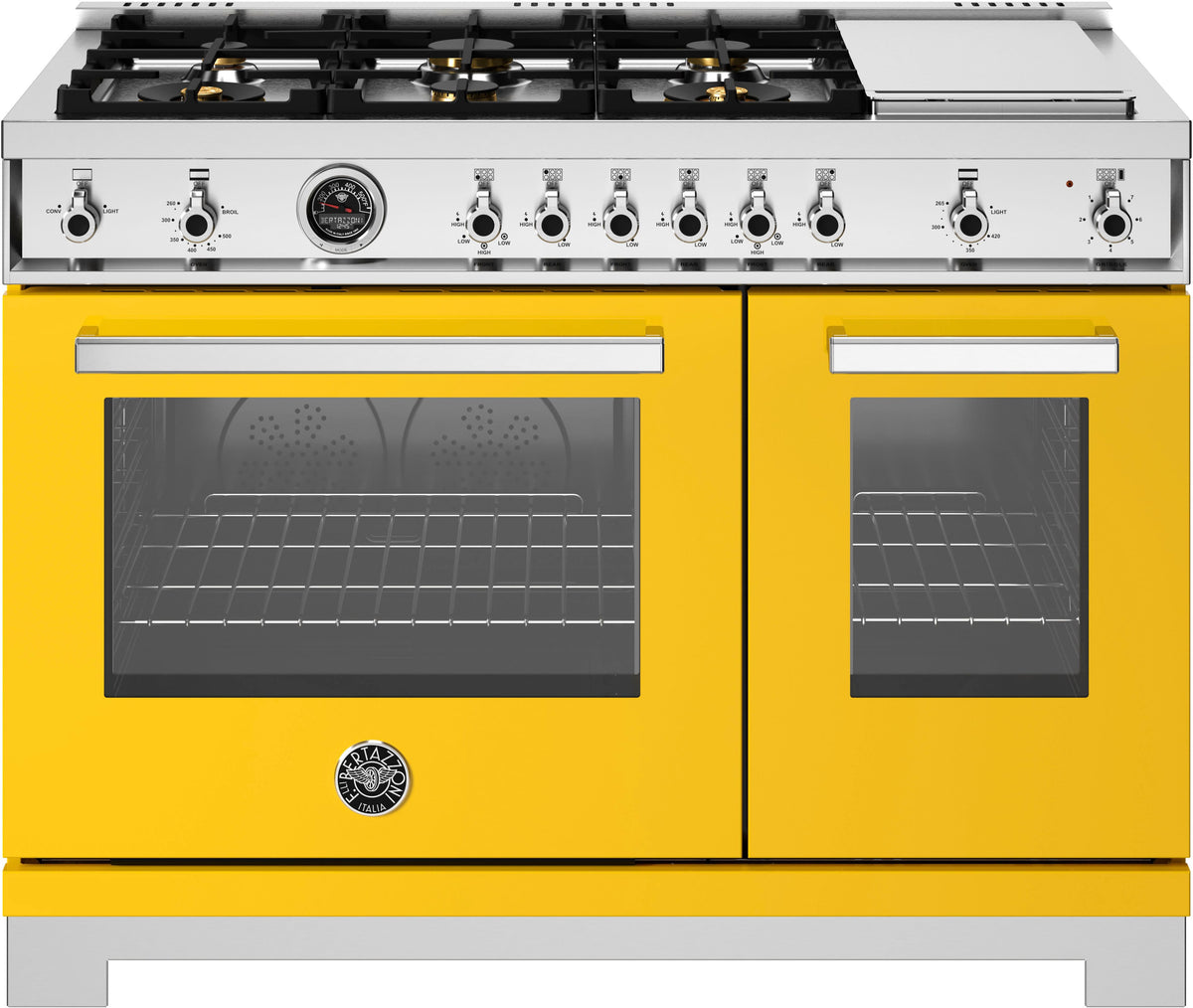 Bertazzoni - 48" Professional Series range - Gas Oven - 6 brass burners + griddle - Yellow