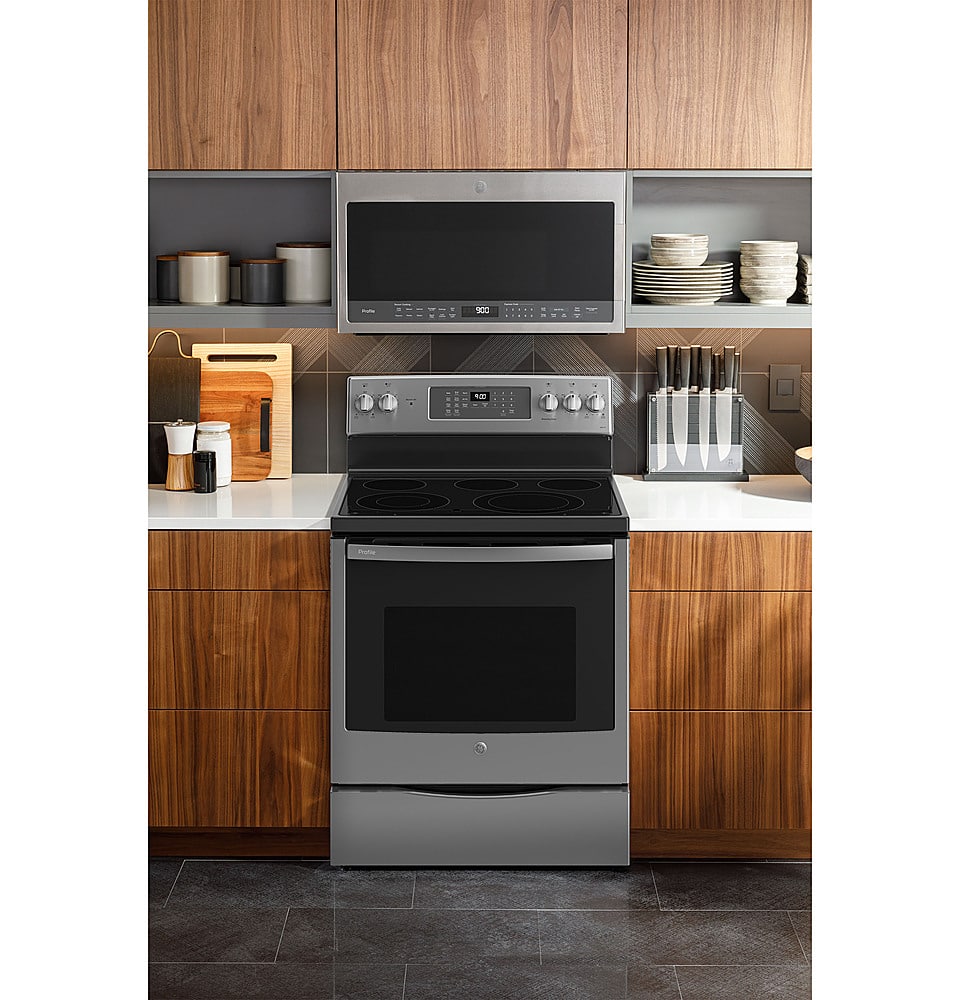 GE Profile - 30" Wide 5 Elements 6.2 Cu. Ft. Smart Free-Standing Electric Convection Range w/ Self-Clean and Steam Clean and Air Fry - Stainless Steel