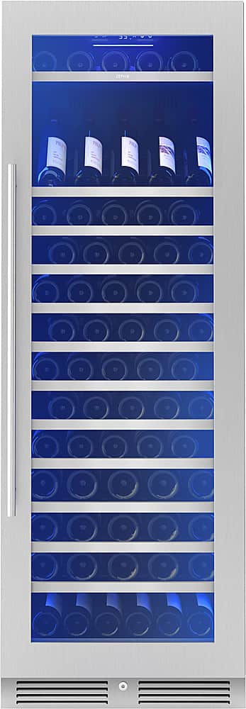 Zephyr - Presrv 24 in. 142-Bottle Built-In/Freestanding Single Zone Full Size Wine Cooler with Full-Extension Wood Racks - Stainless Steel/Glass