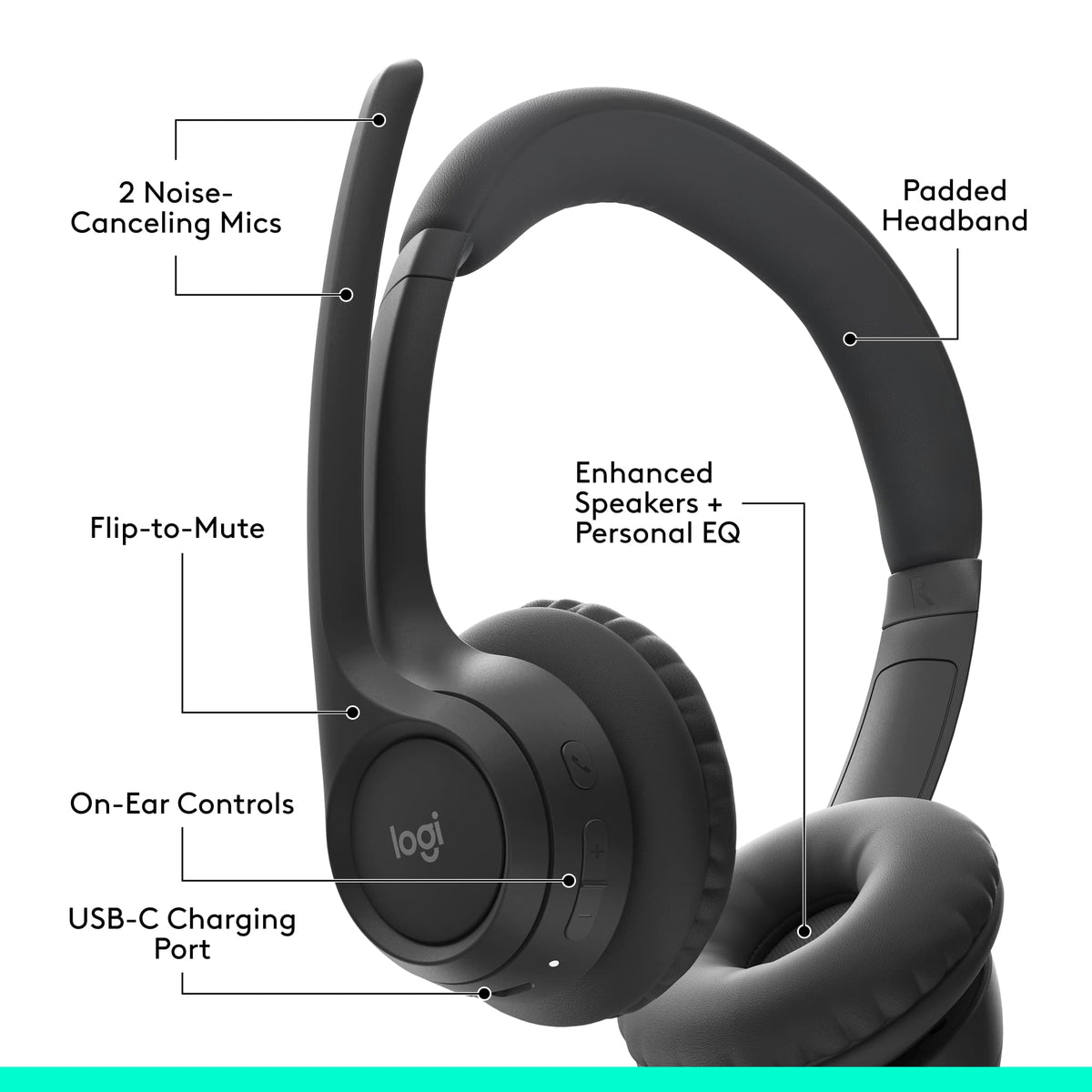 Logitech - Zone 300 Wireless Bluetooth On-ear Headset With Noise-Canceling Microphone - Black