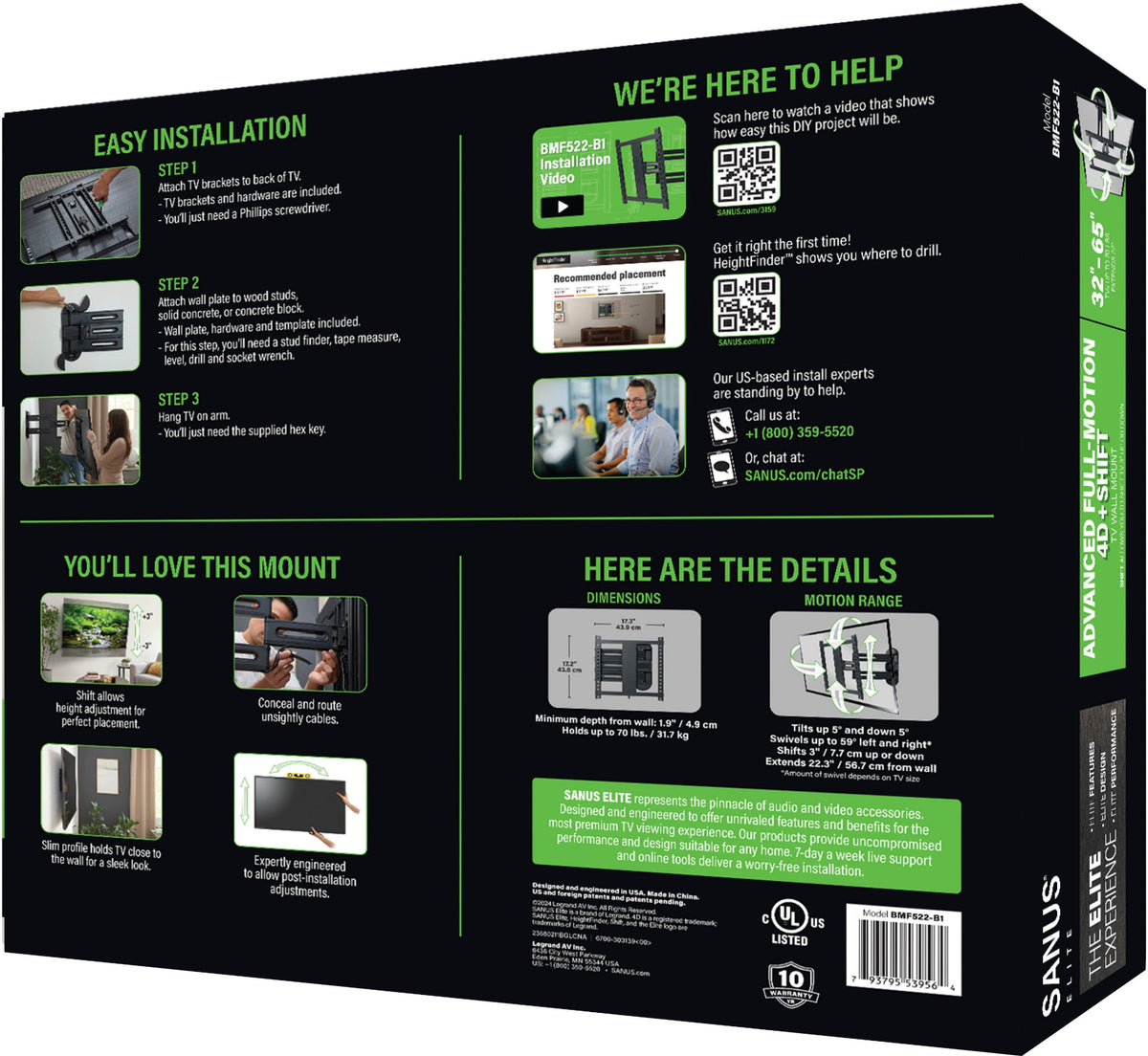 SANUS Elite - Advanced Full-Motion 4D + Shift TV Wall Mount for TVs 32"-65" up to 70 lbs - Shifts up to 6" for Perfect Placement - Black
