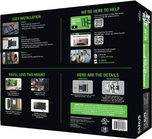 SANUS Elite - Advanced Full-Motion 4D + Shift TV Wall Mount for TVs 32"-65" up to 70 lbs - Shifts up to 6" for Perfect Placement - Black