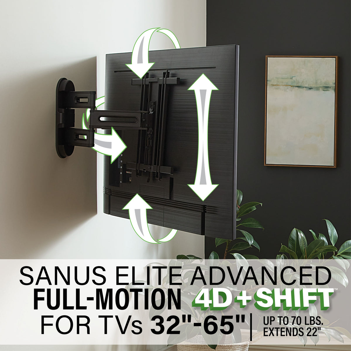SANUS Elite - Advanced Full-Motion 4D + Shift TV Wall Mount for TVs 32"-65" up to 70 lbs - Shifts up to 6" for Perfect Placement - Black
