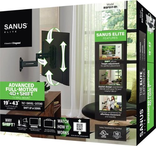 SANUS Elite - Advanced Full-Motion 4D + Shift TV Wall Mount for TVs 19"-43" up to 40 lbs - Shifts up to 4" for Perfect Placement - Black