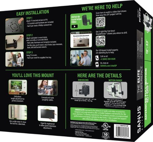 SANUS Elite - Advanced Full-Motion 4D + Shift TV Wall Mount for TVs 19"-43" up to 40 lbs - Shifts up to 4" for Perfect Placement - Black