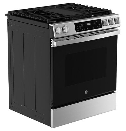 GE - 30 in. Wide 5 Burners 5.3 Cu. Ft. Slide-In Gas Convection Range with Steam Cleaning and EasyWash Tray - Stainless Steel