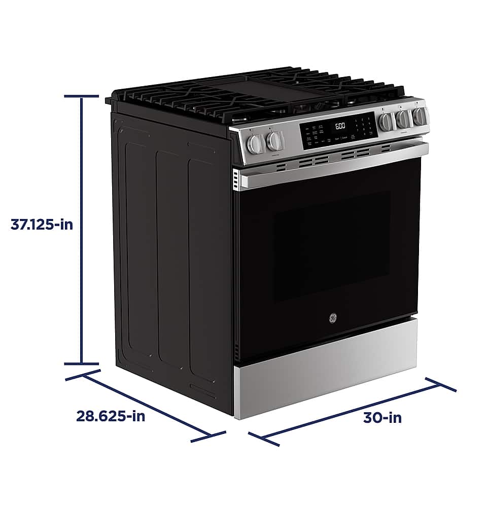 GE - 30 in. Wide 5 Burners 5.3 Cu. Ft. Slide-In Gas Convection Range with Steam Cleaning and EasyWash Tray - Stainless Steel
