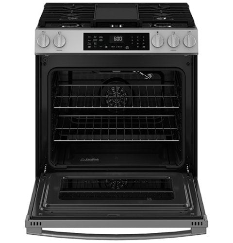 GE - 30 in. Wide 5 Burners 5.3 Cu. Ft. Slide-In Gas Convection Range with Steam Cleaning and EasyWash Tray - Stainless Steel