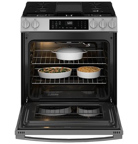 GE - 30 in. Wide 5 Burners 5.3 Cu. Ft. Slide-In Gas Convection Range with Steam Cleaning and EasyWash Tray - Stainless Steel