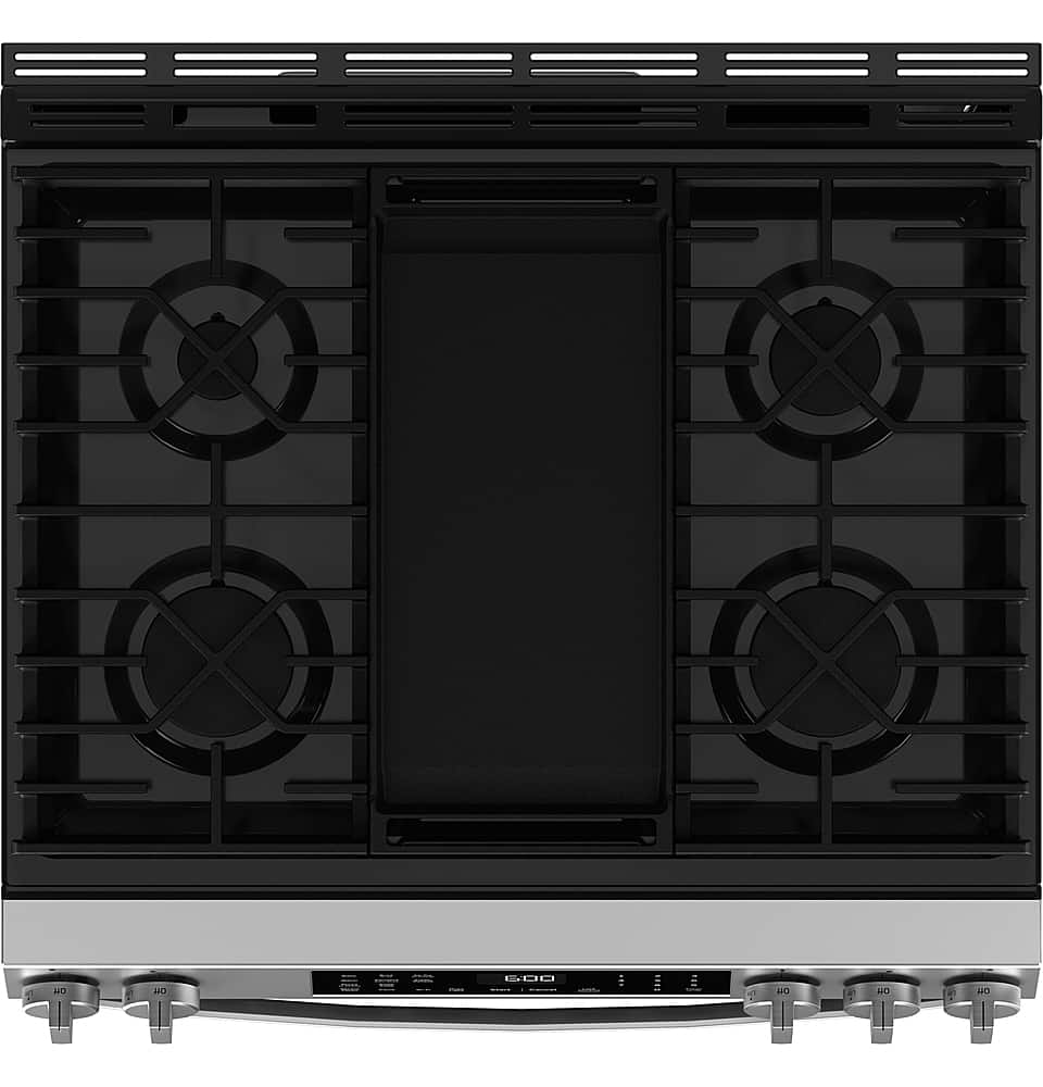 GE - 30 in. Wide 5 Burners 5.3 Cu. Ft. Slide-In Gas Convection Range with Steam Cleaning and EasyWash Tray - Stainless Steel