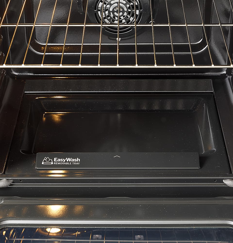 GE - 30 in. Wide 5 Burners 5.3 Cu. Ft. Slide-In Gas Convection Range with Steam Cleaning and EasyWash Tray - Stainless Steel