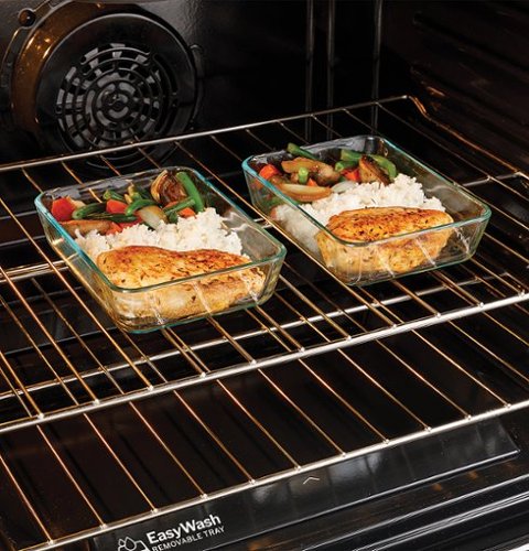 GE - 30 in. Wide 5 Burners 5.3 Cu. Ft. Slide-In Gas Convection Range with Steam Cleaning and EasyWash Tray - Stainless Steel