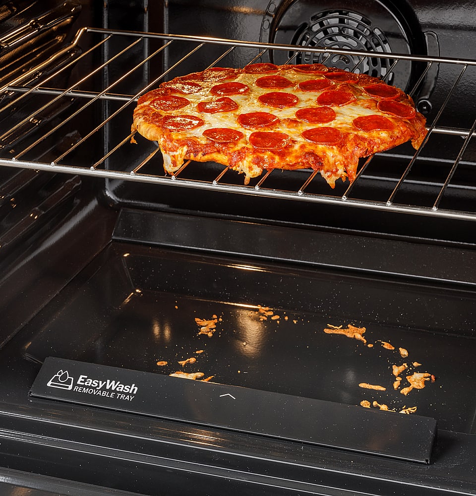 GE - 30 in. Wide 5 Burners 5.3 Cu. Ft. Slide-In Gas Convection Range with Steam Cleaning and EasyWash Tray - Stainless Steel
