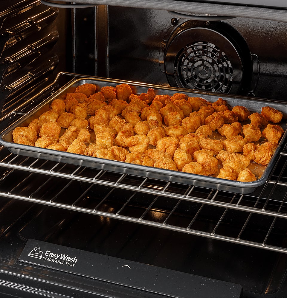 GE - 30 in. Wide 5 Burners 5.3 Cu. Ft. Slide-In Gas Convection Range with Steam Cleaning and EasyWash Tray - Stainless Steel