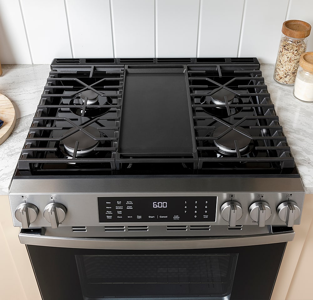 GE - 30 in. Wide 5 Burners 5.3 Cu. Ft. Slide-In Gas Convection Range with Steam Cleaning and EasyWash Tray - Stainless Steel