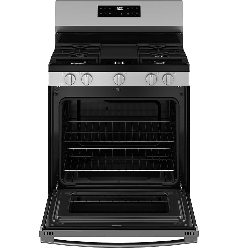 GE - 30 in. Wide 5 Burners 5.3 Cu. Ft. Freestanding Gas Range with Self-Clean and Steam Cleaning Option and Crisp Mode - Stainless Steel