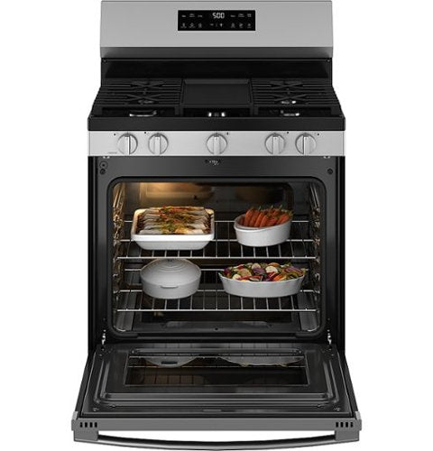 GE - 30 in. Wide 5 Burners 5.3 Cu. Ft. Freestanding Gas Range with Self-Clean and Steam Cleaning Option and Crisp Mode - Stainless Steel