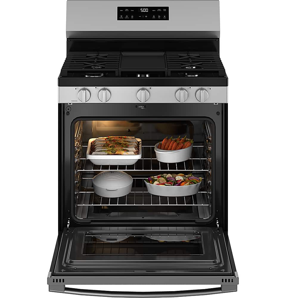GE - 30 in. Wide 5 Burners 5.3 Cu. Ft. Freestanding Gas Range with Self-Clean and Steam Cleaning Option and Crisp Mode - Stainless Steel