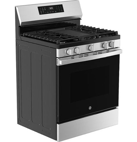 GE - 30 in. Wide 5 Burners 5.3 Cu. Ft. Freestanding Gas Convection Range with Steam Cleaning and EasyWash Oven Tray - Stainless Steel
