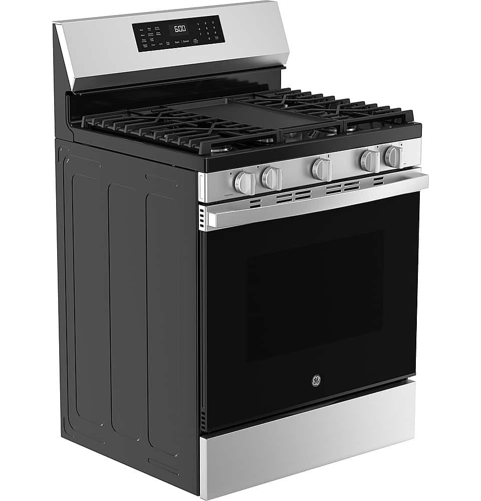 GE - 30 in. Wide 5 Burners 5.3 Cu. Ft. Freestanding Gas Convection Range with Steam Cleaning and EasyWash Oven Tray - Stainless Steel
