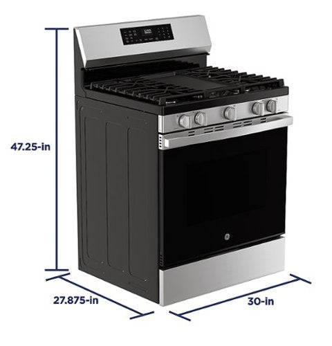 GE - 30 in. Wide 5 Burners 5.3 Cu. Ft. Freestanding Gas Convection Range with Steam Cleaning and EasyWash Oven Tray - Stainless Steel