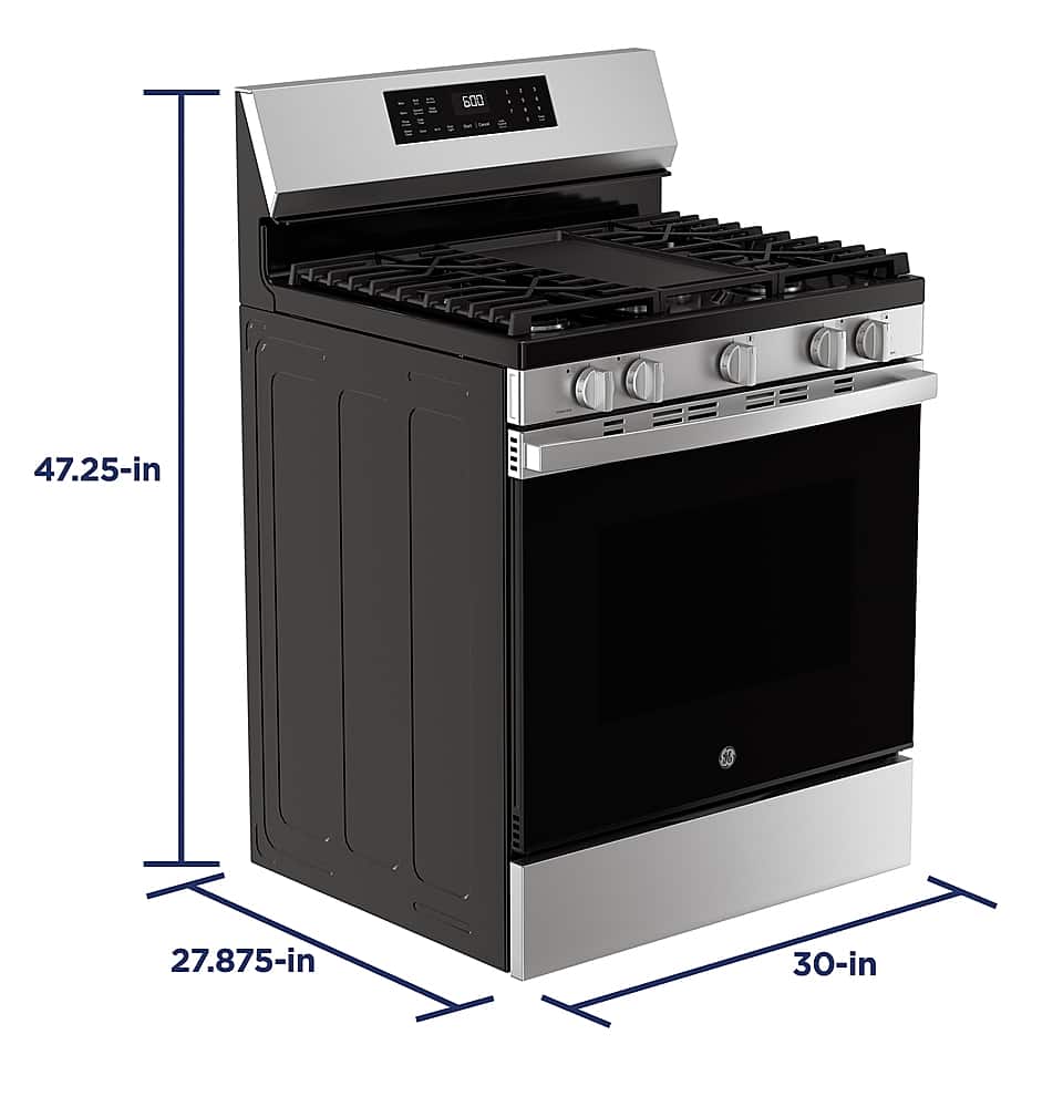 GE - 30 in. Wide 5 Burners 5.3 Cu. Ft. Freestanding Gas Convection Range with Steam Cleaning and EasyWash Oven Tray - Stainless Steel