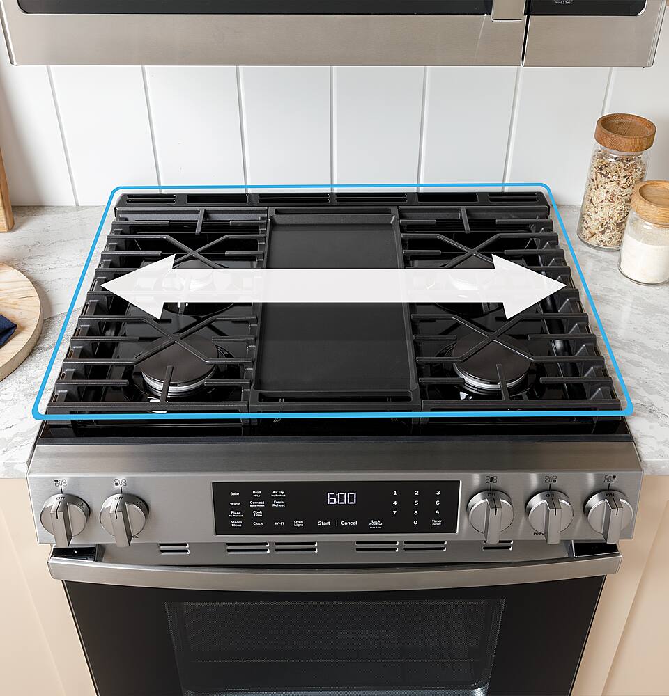 GE - 30 in. Wide 5 Burners 5.3 Cu. Ft. Freestanding Gas Convection Range with Steam Cleaning and EasyWash Oven Tray - Stainless Steel