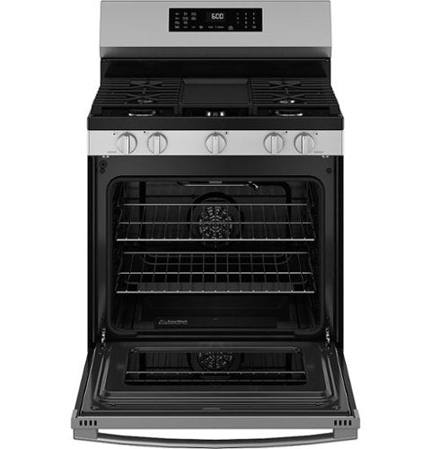 GE - 30 in. Wide 5 Burners 5.3 Cu. Ft. Freestanding Gas Convection Range with Steam Cleaning and EasyWash Oven Tray - Stainless Steel