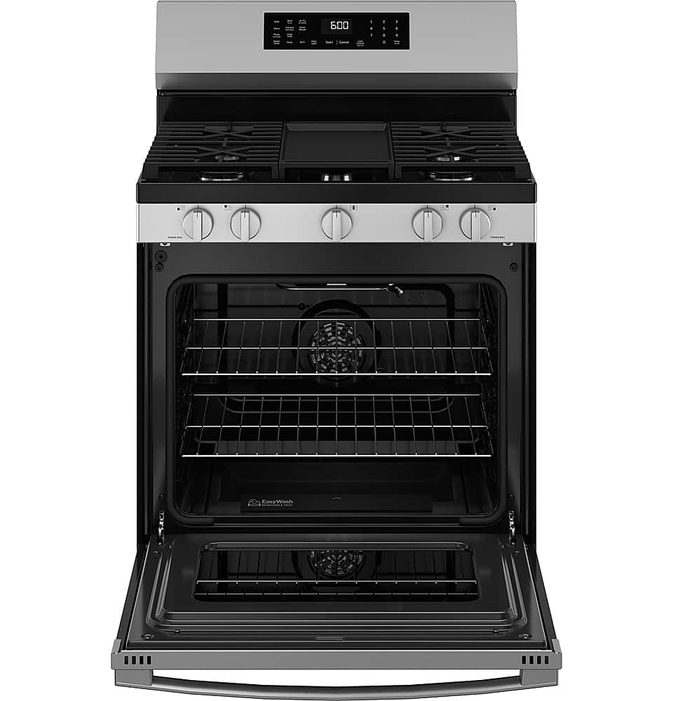 GE - 30 in. Wide 5 Burners 5.3 Cu. Ft. Freestanding Gas Convection Range with Steam Cleaning and EasyWash Oven Tray - Stainless Steel