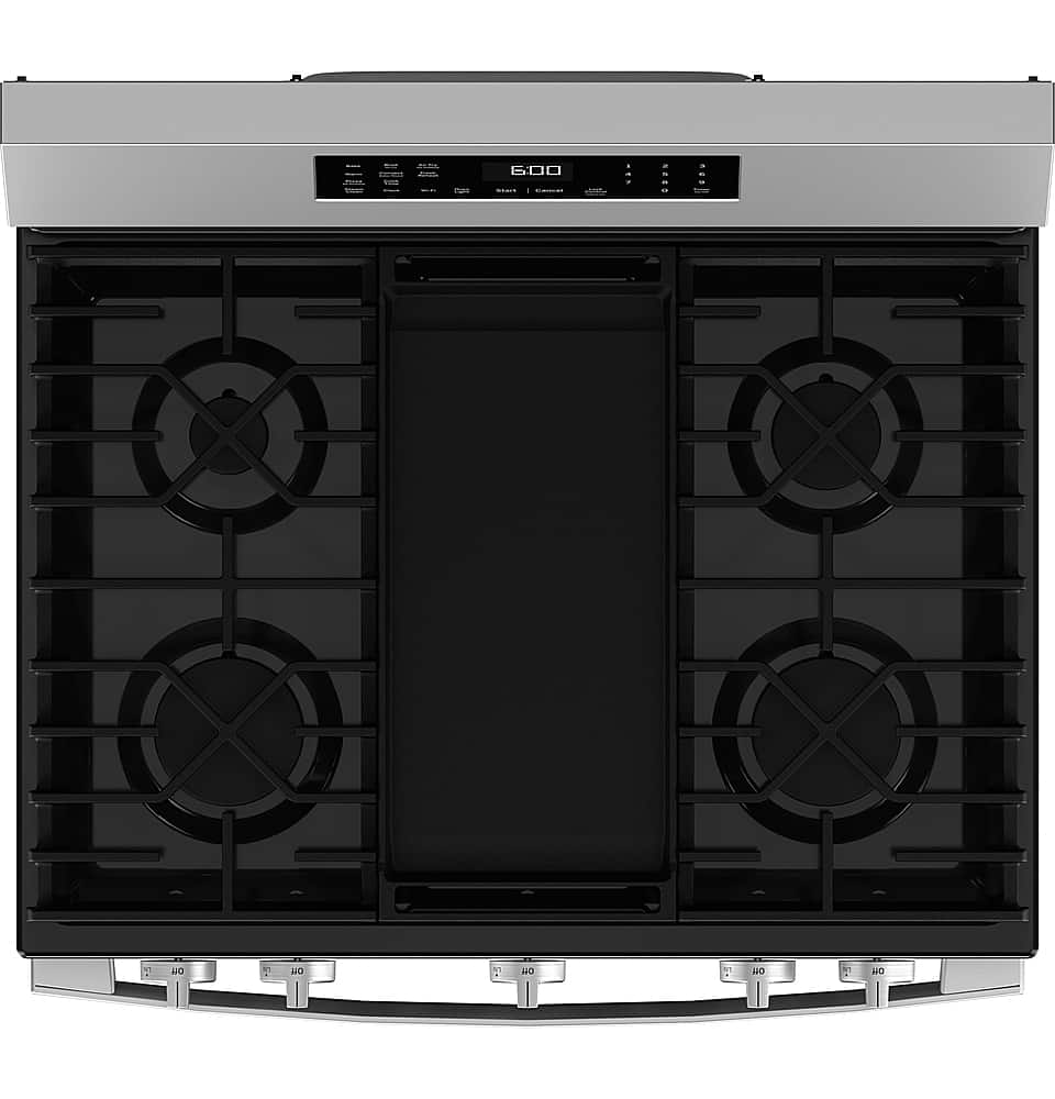 GE - 30 in. Wide 5 Burners 5.3 Cu. Ft. Freestanding Gas Convection Range with Steam Cleaning and EasyWash Oven Tray - Stainless Steel