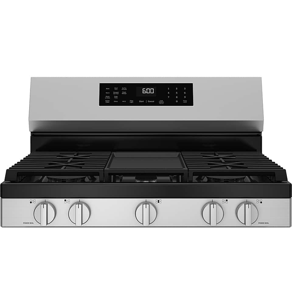GE - 30 in. Wide 5 Burners 5.3 Cu. Ft. Freestanding Gas Convection Range with Steam Cleaning and EasyWash Oven Tray - Stainless Steel