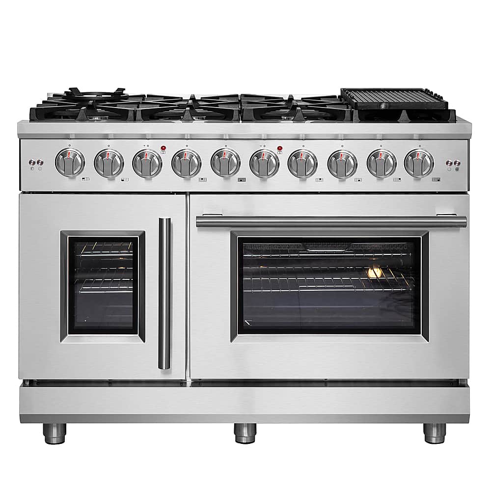 Forno Appliances - 48 in. Wide 8 Burner Massimo 6.58 cu.ft. Freestanding Double Oven Gas Convection Range with French Doors - Stainless Steel