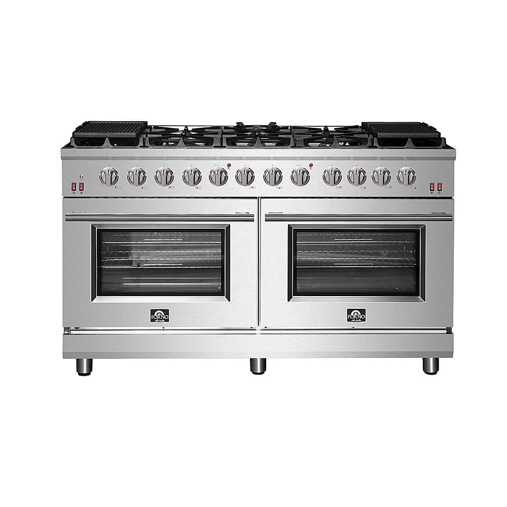 Forno Appliances - 60 in. Wide 8 Burner Massimo 8.64 cu.ft. Freestanding Double Oven Gas Convection Range with Air Fryer Kit - Stainless Steel