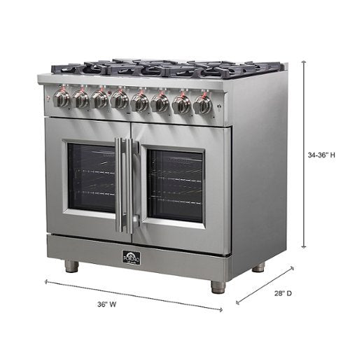 Forno Appliances - 36 in. Wide 6 Burner Massimo 5.36 cu.ft. Freestanding Dual Fuel Convection Range with Steam Cleaning and French Doors - Stainless Steel