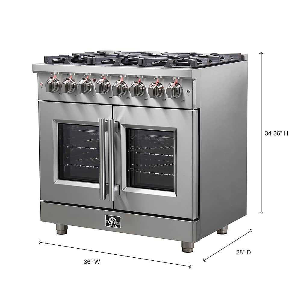 Forno Appliances - 36 in. Wide 6 Burner Massimo 5.36 cu.ft. Freestanding Dual Fuel Convection Range with Steam Cleaning and French Doors - Stainless Steel