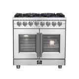Forno Appliances - 36 in. Wide 6 Burner Massimo 5.36 cu.ft. Freestanding Dual Fuel Convection Range with Steam Cleaning and French Doors - Stainless Steel