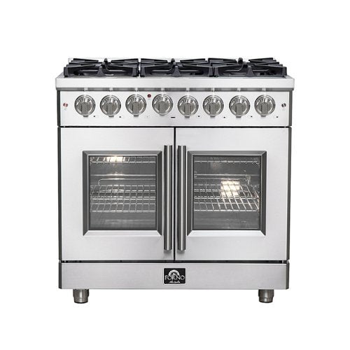 Forno Appliances - 36 in. Wide 6 Burner Massimo 5.36 cu.ft. Freestanding Dual Fuel Convection Range with Steam Cleaning and French Doors - Stainless Steel