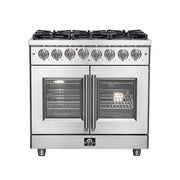 Forno Appliances - 36 in. Wide 6 Burner Massimo 5.36 cu.ft. Freestanding Dual Fuel Convection Range with Steam Cleaning and French Doors - Stainless Steel