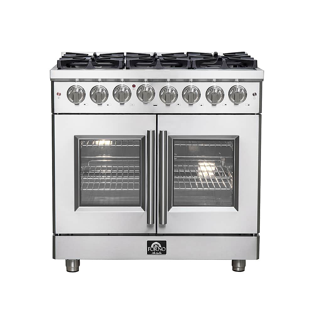 Forno Appliances - 36 in. Wide 6 Burner Massimo 5.36 cu.ft. Freestanding Dual Fuel Convection Range with Steam Cleaning and French Doors - Stainless Steel