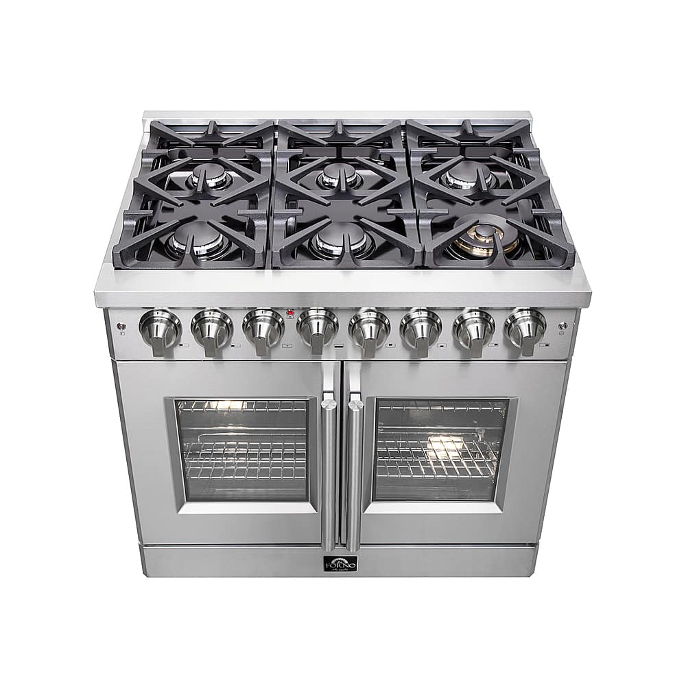 Forno Appliances - 36 in. Wide 6 Burner Massimo 5.36 cu.ft. Freestanding Dual Fuel Convection Range with Steam Cleaning and French Doors - Stainless Steel