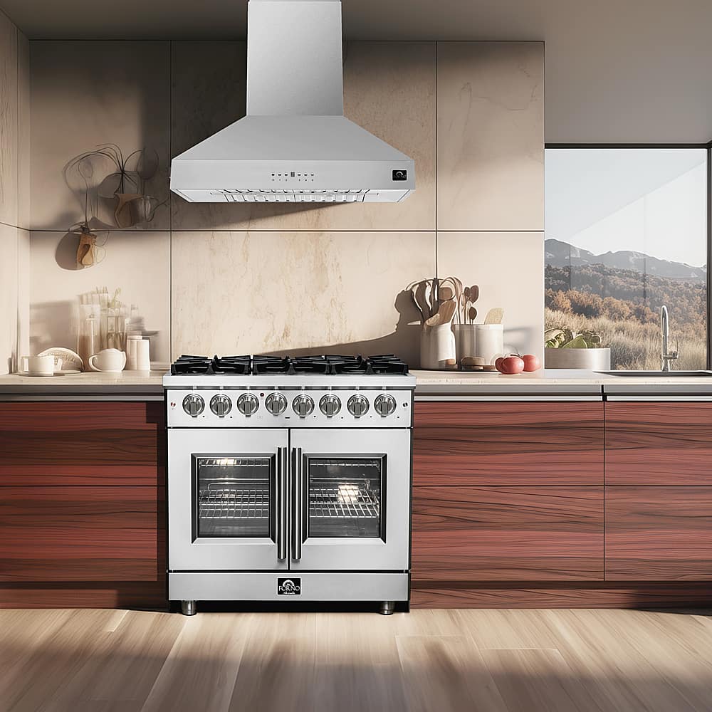 Forno Appliances - 36 in. Wide 6 Burner Massimo 5.36 cu.ft. Freestanding Dual Fuel Convection Range with Steam Cleaning and French Doors - Stainless Steel