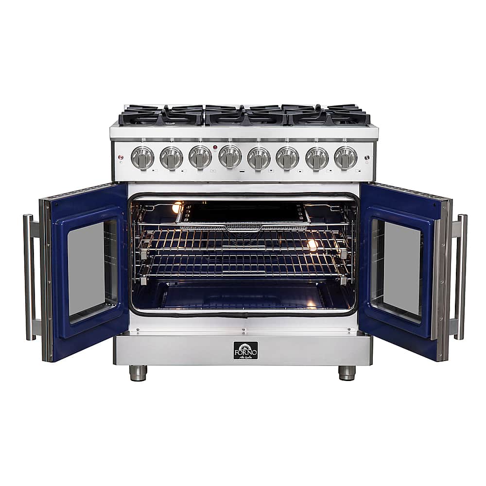 Forno Appliances - 36 in. Wide 6 Burner Massimo 5.36 cu.ft. Freestanding Dual Fuel Convection Range with Steam Cleaning and French Doors - Stainless Steel