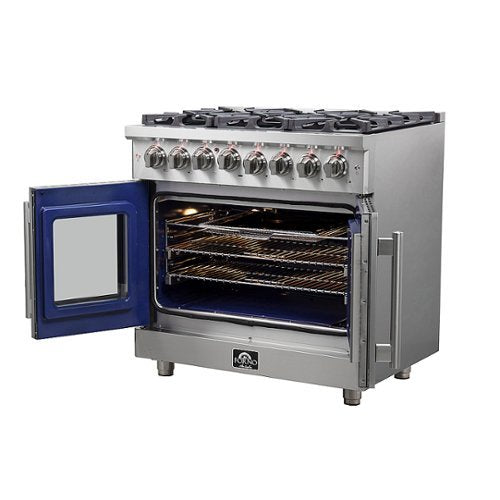 Forno Appliances - 36 in. Wide 6 Burner Massimo 5.36 cu.ft. Freestanding Dual Fuel Convection Range with Steam Cleaning and French Doors - Stainless Steel
